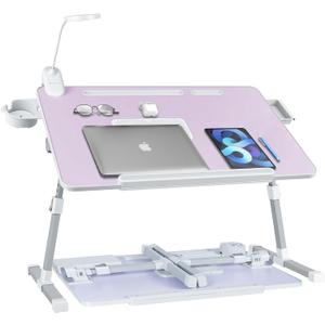 iXTRA Laptop Lap Desk with Cooling Fan - Adjustable Bed Desk with Light, Bed Table with Cup Holder&Phone Holder - Storage Drawer Desk - Folding Bed Desk,Purple,70x45cm