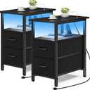 Vagusicc Set of 2 Black Nightstand with Charging Station and LED Lights, Narrow Side Table, LED Night Stand with 2 Fabric Drawers, Bedside Table Small End Table, Tall Nightstand for Bedroom, Black
