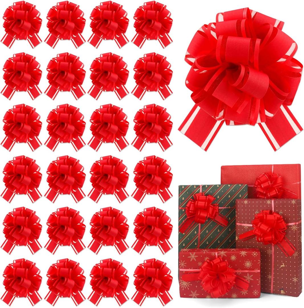 OULOVECO 24 PCS Red Ribbon Bow for Gift Wrapping Pull Bows Matte Bows Ribbon Baskets Wedding Christmas Birthday Party Gift Valentine's Day Flower Gift Boxes Bouquets Festivals Decoration