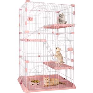 4-Tier Wire Cat Cage Playpen Kennel, 64 Inch Cat Catios Large Space for 1-3 Cats, Pink Cat Crate with 3 Platforms 3 Front Doors 2 Ramp Ladders (Large - 64.4" H x 32.6" L x 23.6" W)