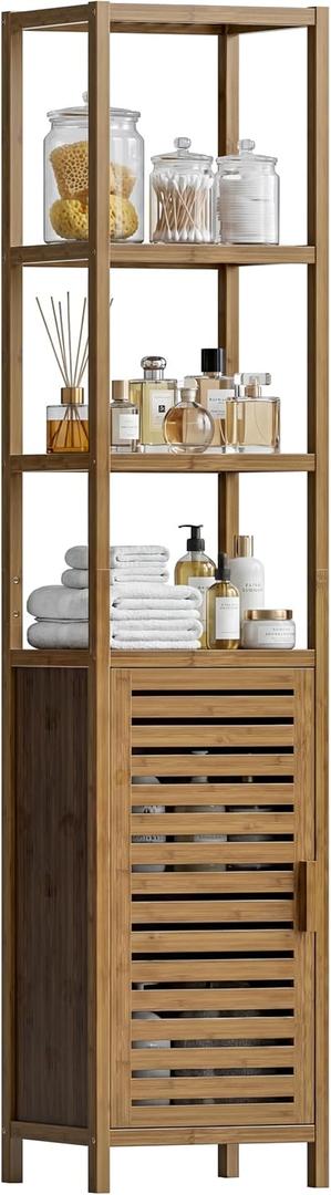 Bathroom Cabinet, Bamboo Floor Cabinet Freestanding Narrow Storage Unit with Removable Shelves, 6 Tier Tall Cabinet, Walnut, 13.42"W x 12.99"D x 66.53"H