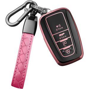 Sindeda Compatible With Toyota Key fob Cover with Leather Keychain,Soft TPU Full Cover Protection,Key fob case for RAV4 Camry Avalon Corolla Highlander C-HR Prius Smart Remote,Key Fob Shell-Pink