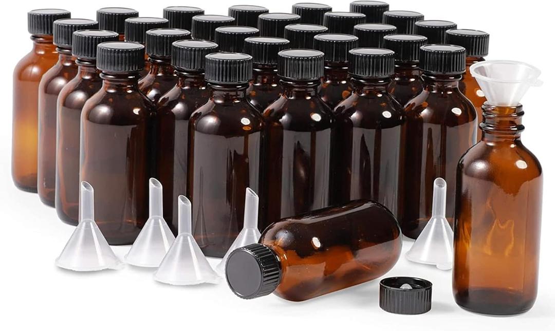 Juvale 30 Pack 2 Oz Amber Glass Bottles with Black Poly Cone Caps and 6 Funnels - Small 2 Oz Glass Bottles with Lids for Vanilla Extract