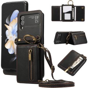 Compatible with Samsung Galaxy Z Flip 4 5G 2022 Wallet Case and Crossbody Shoulder Strap Ring Buckle Hinge Protection Stand Card Holder Phone Cover for ZFlip4 Z4 Flip4 4Z Women Girls Men Black