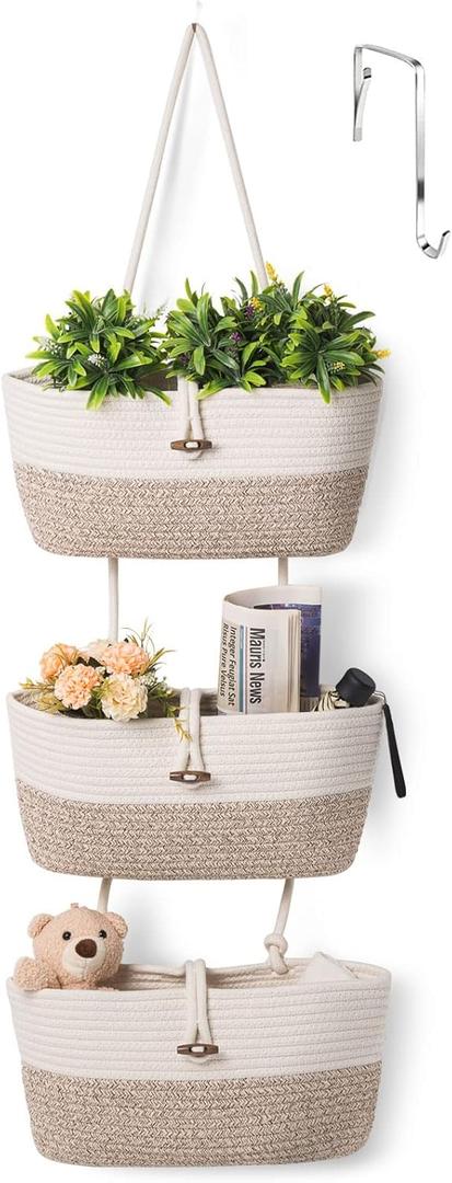 Over the Door Basket Cotton Rope Organizer, 3-Tier Wall Hanging Storage Basket, Closet Organizing, Decorative Baskets for Organizing Living Room 14.5x7 (Apricot)