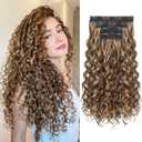 REECHO Curly Hair Extensions, 4PCS 20 inch Clip in Hair Extensions Lace Weft Short Curly Extensions Clip Ins Invisible Natural Hairpieces for Women, Chocolate Brown with Highlights