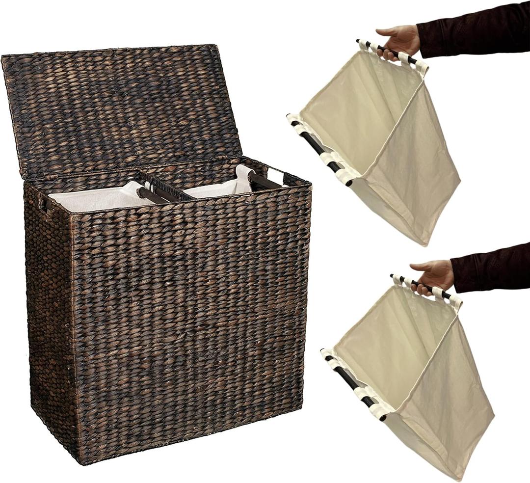 BirdRock Home Water Hyacinth Laundry Hamper Divided Interior (Espresso) | Eco-Friendly | Made of Hand Woven Hyacinth Fibers | Includes Two Removable Cotton Liners Bag | Wicker Laundry Basket with Lid