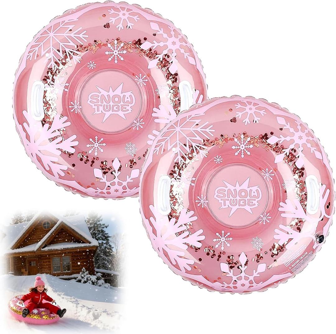 2 Pack Snow Tube Heavy Duty Inflatable Snow Sleds 32 inch Winter Snow Sleds Thickened Double Bottom with 2 Sturdy Handles, Sledding Outdoor Activities Christmas New Year Birthday Gift