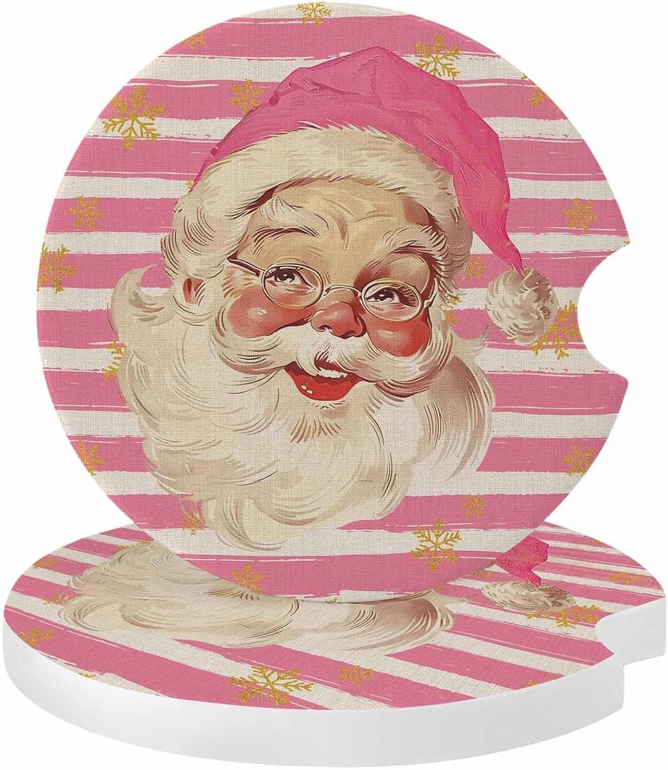 Christmas 2 Pack Car Coasters for Cup Holders Christmas Santa Claus White Pink Strips Absorbent Ceramic Stone for Auto Drinks Coasters Removal Car Cup Holder Coaster with A Finger Notch (Set of 2)