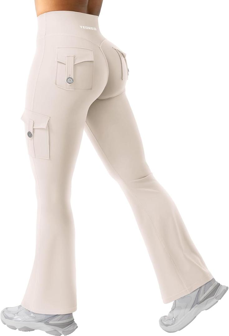 YEOREO CoreFlex Women Workout Flare Leggings with Pockets Hidden Scrunch High Waisted Cargo Gym Yoga No Front Seam Leggings (Medium, Light Khaki)