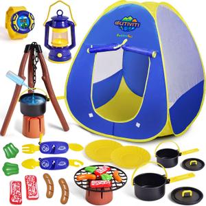 FUN LITTLE TOYS Kids Play Tent with Camping Toys, Toddler Tent with Battery Lantern, Kids Pop Up Tent Indoor Outdoor Toys Christmas Birthday Gifts for Boys (Yellow Blue)