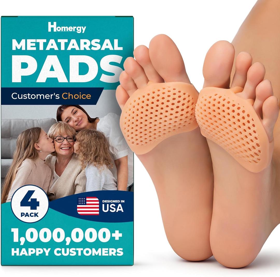 Homergy Metatarsal Foot Pads - Soft Gel Ball of Foot Cushions for Pain Relief, Ultra-Thin Sleeve Design, Stays in Place, Breathable & Reusable - Fits Heels, Flats, Sneakers (4 Pads / 2 Pairs) (Beige)
