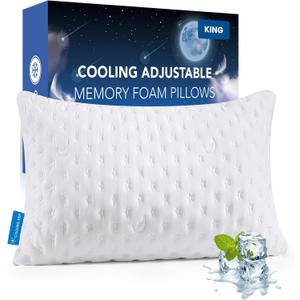 Cooling Side Sleeper Pillow for Adults, Firm Bed Pillow for Side Sleepers Neck and Shoulder Pain, Luxury Shredded Memory Foam Pillow Set of 1 Adjustable King Size Washable Cover Original White