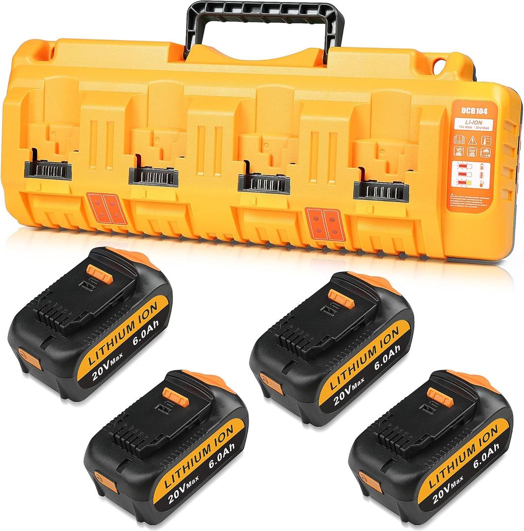 Mrupoo Replacement for Dewalt 20V Battery 6000mAh with DCB104 Replacement for Dewalt Battery Charger Station Compatible with Dewalt 20V 12V Battery Charger (4Pack)