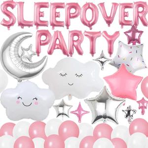47 Pieces Sleepover Party Decoration Pink Sleepover Birthday Party Balloons Banner Cute Moon Star for Girls Pajamas Slumber Night Out Party Decoration (Pink)