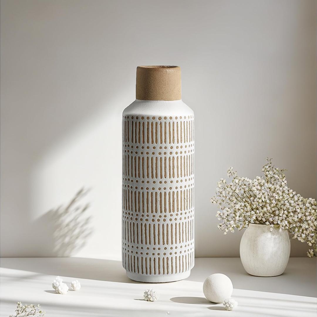 Rustic Ceramic Vase for Living Room Bedroom 11.02'' Farmhouse White Flower Vases for Bouquet Fake Plant Home Decor Office Table Shelf Fireplace Centerpieces Retro Vintage Classic Modern