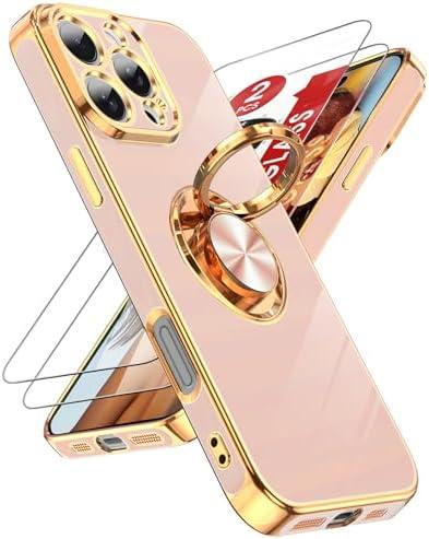 LeYi for iPhone 16 Pro Phone Case: 2 Pack Tempered Glass Screen Protector and 360° Rotatable Ring Holder Magnetic Kickstand, Plating Rose Gold Edge Protective for iPhone 16 Pro Case, Pink, Pack 5