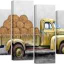 iHAPPYWALL 4 Pieces Farmhouse Canvas Wall Art Old Truck Artwork Rustic Car Painting Countryside Farm Barn Straw Bales Picture Print for Home Decor