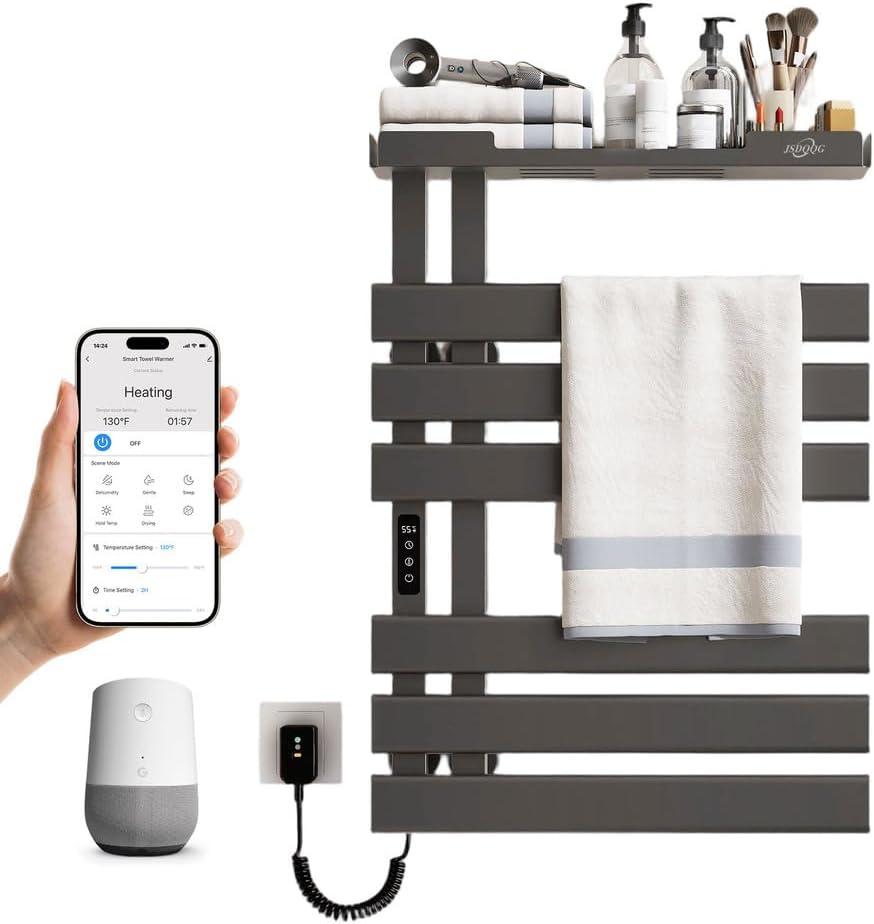 Smart Heated Towel Rack with Shelf, Electric Towel Warmer Rack Voice Control, WiFi Heated Towel Rack Wall Mounted, Towel Warming Rack with Led Timer,115-155,Flat Widen 6 Bar, Gray