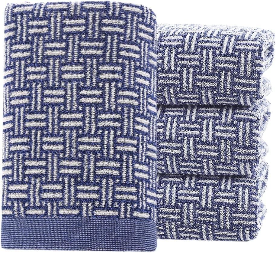 Pidada Hand Towels Set of 4 Checkered Pattern 100% Cotton Absorbent Soft Decorative Towel for Bathroom (Blue)