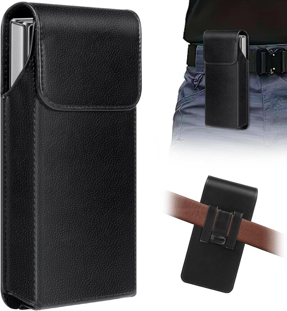 Leather Phone Holster for Samsung Galaxy Z Fold 7/6/5/4/3 Case with Belt Clip for iPhone 17 Pro Max Case/16/15/14/13 Pro Max & Galaxy S25/S24/S23 /S22 Ultra Cover Carrying Pouch Card Holder(V Black)