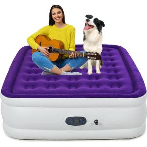 Queen Air Mattress with Built in Pump, Inflatable Mattress for Home, Blow up Air Bed 3 Min Quick Inflation and Deflation, Thin Velvet Top, 18'' Queen Size Purple