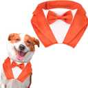 PTDECOR Fall Dog Tuxedo Bandana, Orange Collar with Bowtie, Adjustable Halloween Thanksgiving Dog Tux Costume for Large Pets(Large)