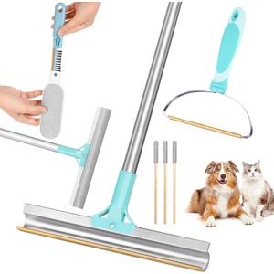 Carpet Rake for Pet Hair Removal, 4 Pack Pet Hair Remover Tools, Long Handle Adjustable, Double-Sided Carpet Hair Removal, Dog Cat Hair Brush Remover for Sofa, Couch, Rug, Stairs, Clothes, Blue