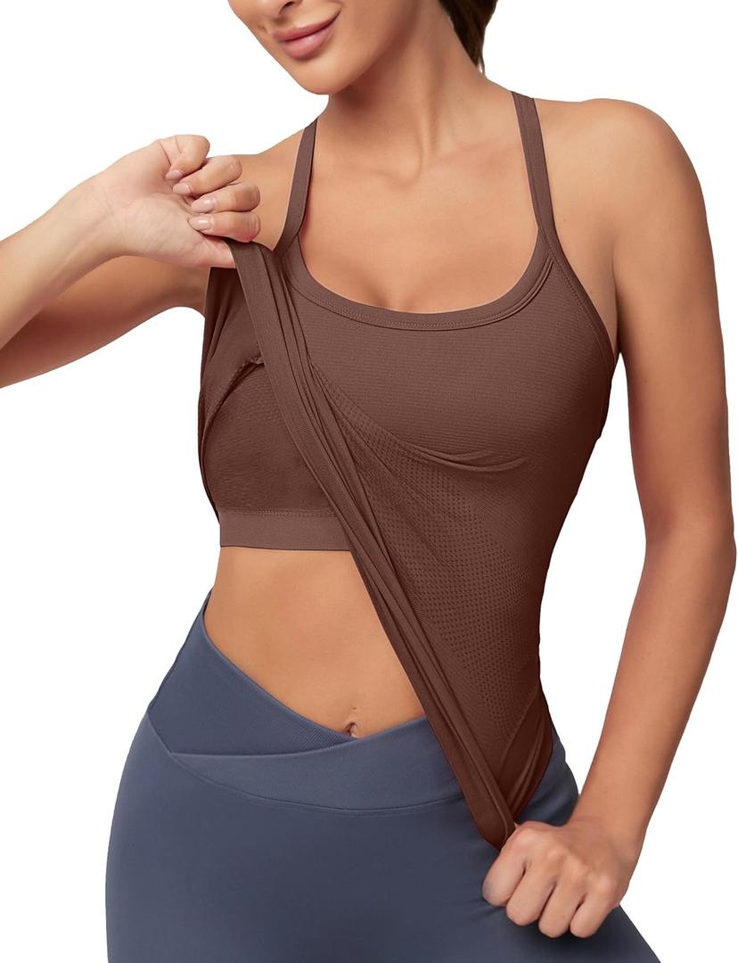 MathCat Workout Tank Tops for Women with Built in Bra, Sleeveless Gym Tops Seamless Racerback Athletic Yoga Shirts (Small, Coffee)