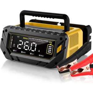 26 AMP Car Battery Charger, 6V/12V/24V Lead-Acid, Lithium, LiFePo4 Smart Battery Charger, Large Screen Trickle Charger, Fully Automatic Chargers and Maintainer for Car, Motorcycle, Lawn Mower (Yellow)
