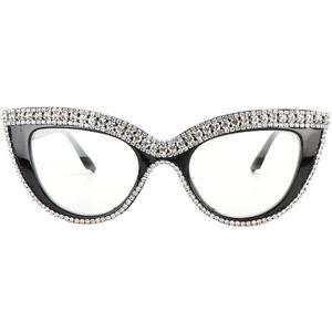 Cat Eye Reading Glasses Bling Rhinestone Magnified Blue Light Blocking Reader Glasses (White)