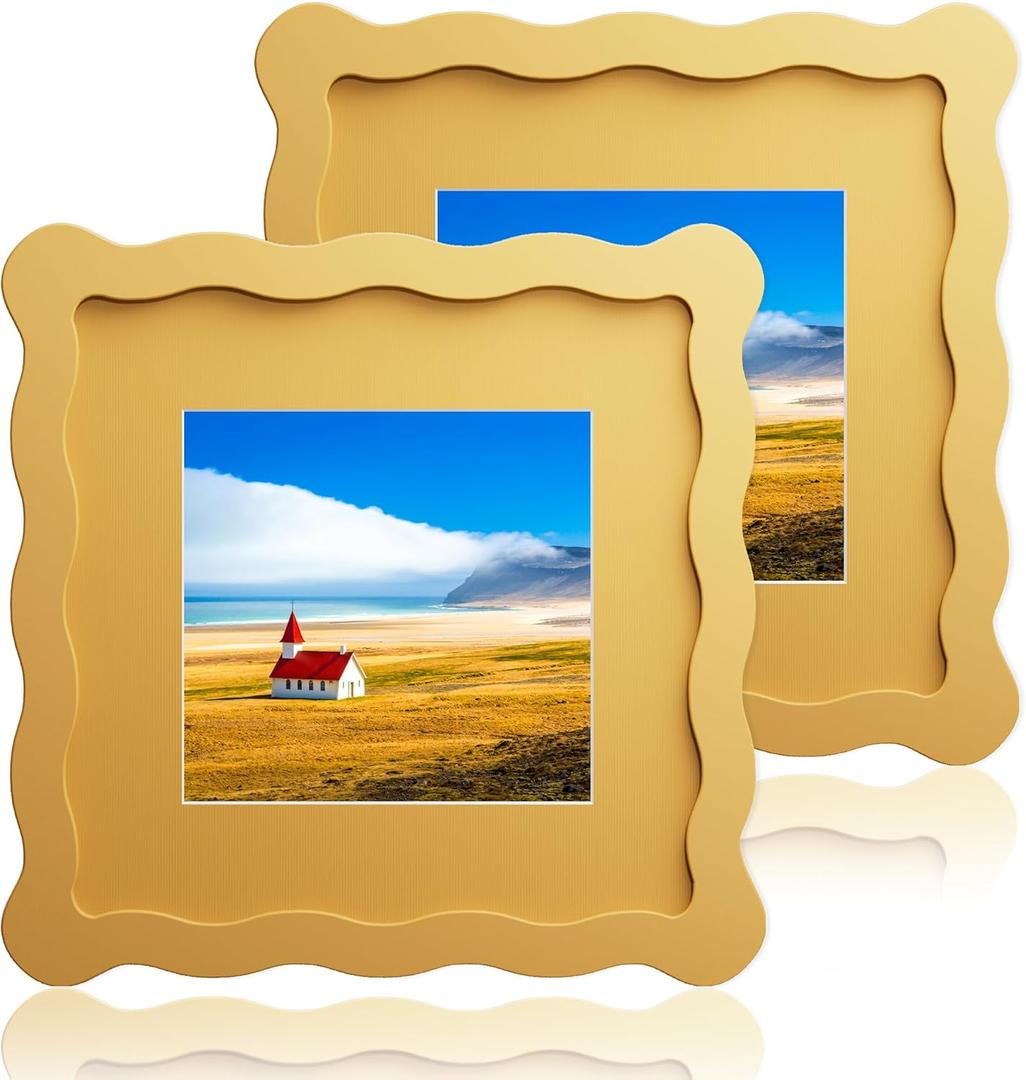 6x6 Wavy Picture Frame With Mat For 4x4, Wavy Edge Wooden Picture Frame with Real Glass - Wall Mount and Tabletop Display, Yellow, 2 Pack