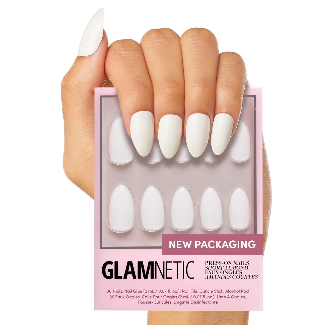 Glamnetic Press On Nails - Angel | Opaque White Short Almond Fake Nails, Salon Quality | 12 Sizes - 24 Nail Kit