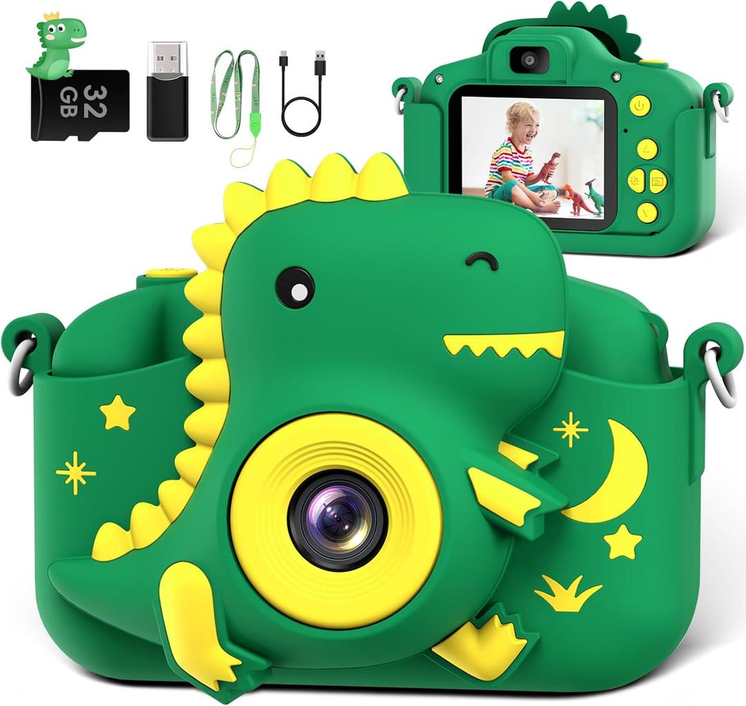 Kids Camera, Dinosaur Toddler Digital Camera for Ages 3-12 Boys Girls Childrens, Christmas Birthday Gifts, Selfie 1080P HD Video Camera for 3 4 5 6 7 8 9 Years Old Boys Girls Toys Gifts (Green)