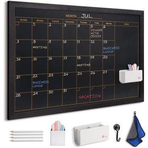 TOWON Magnetic Chalkboard Calendar 36x24 in, Black Wood Frame, Monthly | Wall planner and organizer with 4 white chalk pencils, color chalk set, hook magnet, cloth and removable tray