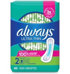 Always Ultra Thin Pads  Super Long Absorbency Scented with Wings, 44 Count, Packaging may vary