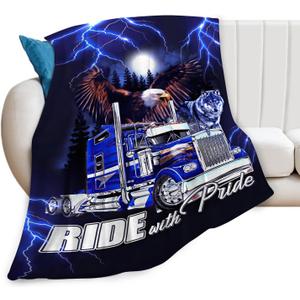 Semi Truck Blanket Decor Gifts for Trucker, Truck Flannel Fleece Fuzzy Lorry Throw Blankets, Soft Warm Cozy Plush Eagle Wolf Stuff Blanket for Kids Adult 50"x40"