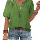 Unixseque Womens Summer Tops V Neck Short Sleeve Blouses Casual Button Down Shirts Floral Boho Clothing Trendy 2026 (L)