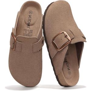 KIDMI Genuine Suede Clogs for Women Memory Foam Cork Footbed Potato Shoes Slip On Leather Mules with Big Buckle (7.5, Mocha)