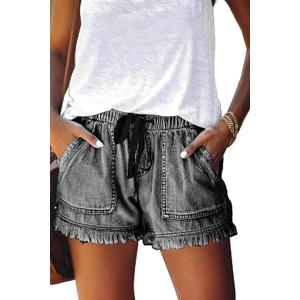 YOCUR Womens Lightweight Shorts Casual Baggy Trendy Hot Pants Elastic Waist Drawstring Comfy Shorts (Small, Black Grey)