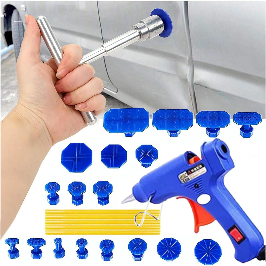 Car Dent Removal Small Dent Puller Kit Include T Bar Dent Puller,18 Auto Dent Pulling Tabs,100W Hot Glue Gun and 5 Glue Sticks
