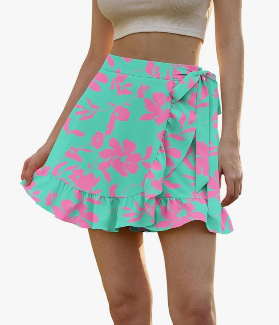Women's Floral Ruffle Hem Wrap Shorts Casual Summer Elastic Waist Tie Front Zip Up Boho Skirts Skorts 2025 Green S Women's Floral Ruffle Hem Wrap Shorts Casual Summer Elastic Waist Tie Front Zip Up Boho Skirts Skorts 2025 Green S