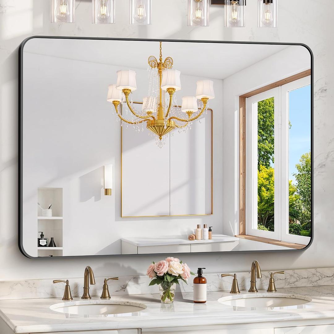 KOCUUY Black Mirror, 36x48 Inch Rectangle Bathroom Mirror with HD Tempered Glass, Anti-Rust Frame, Vanity Mirror with Rounded Corner for Bathroom, Living Room, Entryway, Hang Horizontal/Vertical