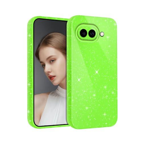 NECTNALLO Case for Google Pixel 9a Glitter Bling Sparkly Sparkle Shiny Phone Case for Girls Girly Women, Cute Neon Bright Color Soft Slim Protective Phone Cover for Google Pixel 9a, Green