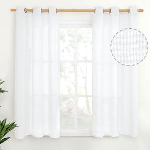 YoungsTex 48 Inch Length White Linen Curtains, Short Light Filtering Drapes with Bronze Grommet Semi Sheer Privacy for Bedroom Living Room Window, 42 X 48 Inch, 2 Panels