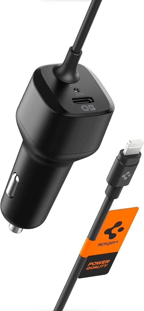 Spigen for USB C Car Charger, [MFi Certified ] Total 47W PD 27W with Built-in Lightning Cable 20W Fast Charge Type C Car Adapter Compatible with iPhone 17 16 15 14 13 12 iPad Galaxy Z Fold Flip 7