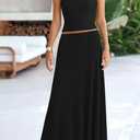 PRETTYGARDEN Women's 2 Piece Maxi Skirt Sets Casual Summer Knit Cropped Tank Top High Waisted Long Skirts Outfit (Black, S)