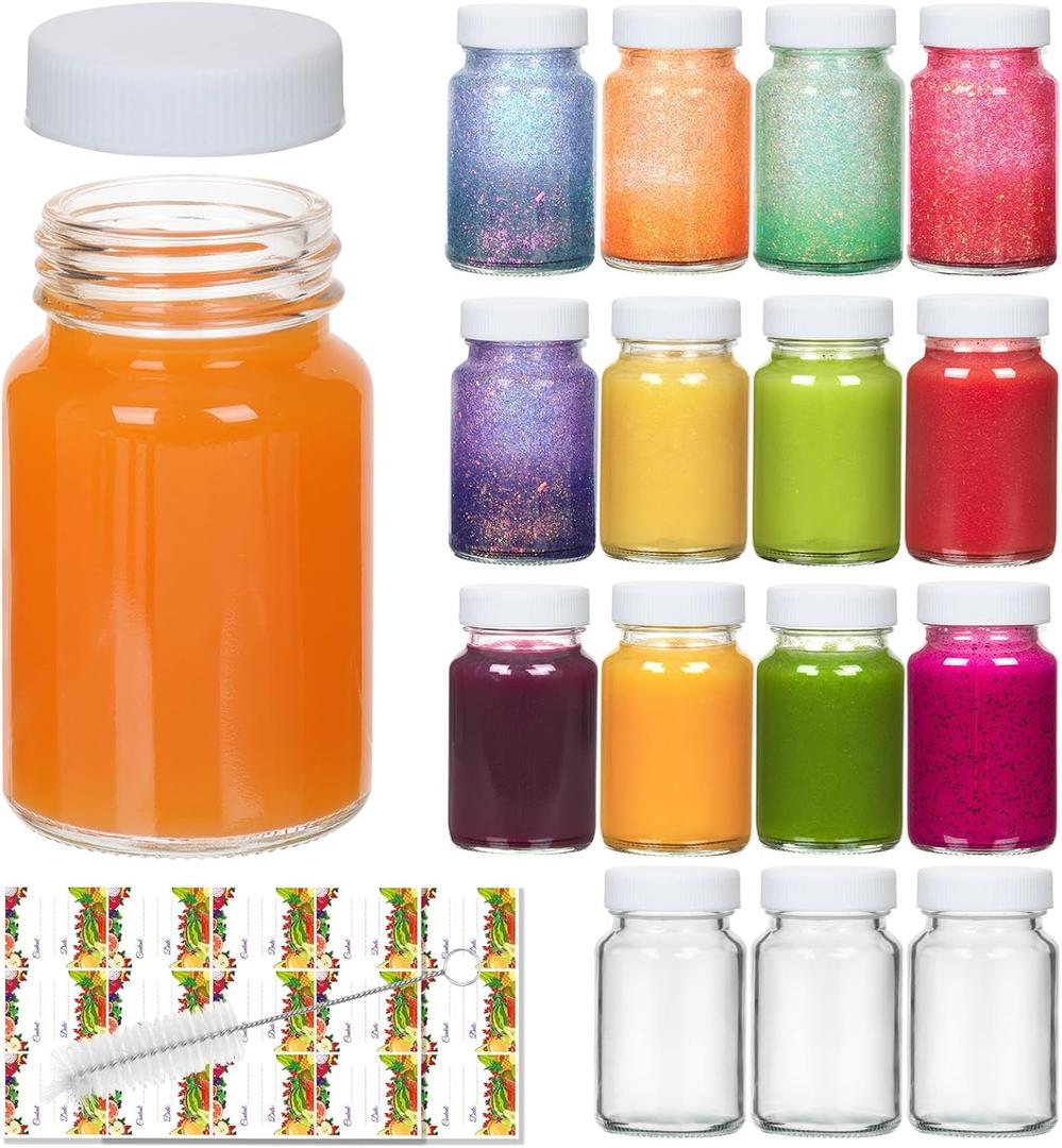 AuroTrends 2 oz Glass Bottles with Lids 16 Pack, Leak-Proof Ginger Shot Bottles with Caps (White), Ideal for Protein Powder, Juice, Samples, Whiskey(Dishwasher Safe & Refrigerator Safe Only)