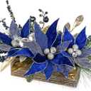 Hollyone Poinsettia Flowers Artificial in Pot 14inch Blue Poinsettias Christmas Flowers Potted Plants Arrangement with Wood Pot Berries Pine Cone Norfolk Pine for Table Centerpieces Xmas Home Decor