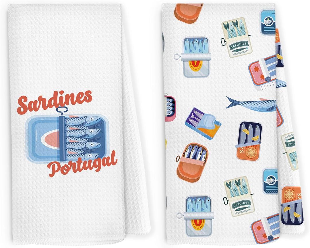Sardine Fishing Kitchen Dish Towels 16x24 Inch Set of 2, Fish Themed Gifts for Women, Coastal Beach Sardine Tin Decorative Hand Towel Tea Towels for Kitchen Bathroom